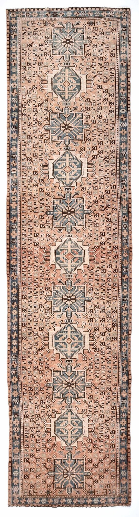 3x13 Persian Runner, 3x13 Teal Green Brown Persian Runner Rug, 3x13 Rug, Wool Hand-Knotted Rug, 3x13 Rugs, Persian Runner 3x13, Hallway Rug