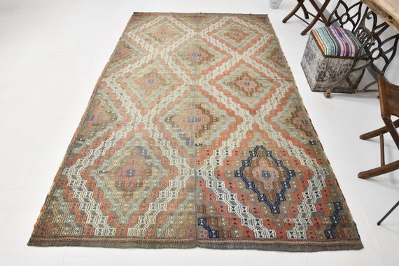 6x10 Vintage Handmade brown area wool kilim Rug, Turkish wool kilim rug