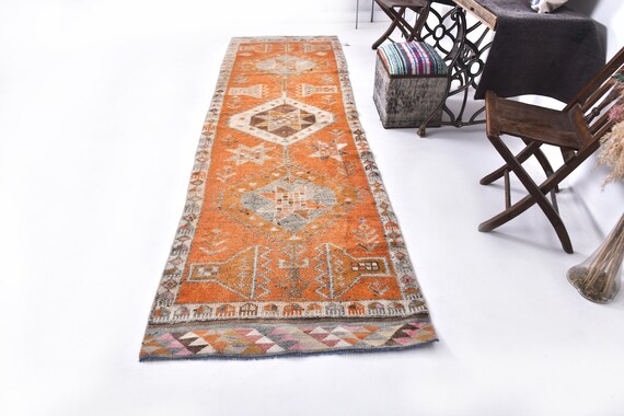 3x11 Orange Herki Runner Rug, 3x11 Herki Runner, 3x11 Rug, Handmade Wool Oushak, 3x11 Runner, Orange Brown Carpet, 3x11 Vintage Runner, Gift