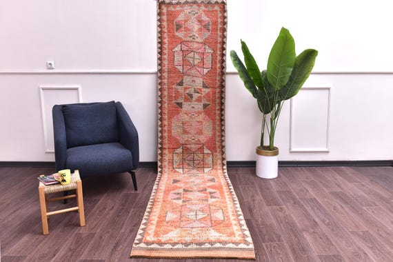 2x11 Handwoven Vintage Pale Red Runner Rug, Peach Brown Color, Handmade Wool, Tribal Design, Hallway Kithcen Rug