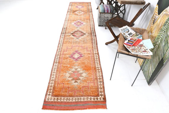 Vintage Runner Rug, 3x13 Turkish Vintage Runner, 3x13, Long Handmade Wool Rug, 3x13 Rug, Orange Pink Carpet, 3x13 Turkish Runner, Bohemian