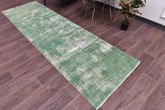 3x9 Vintage Sage Green Runner Rug, 3x9 Faded Hallway Rug, Handmade Wool Rug, Farmhouse Rug, Distressed Green Rug, 3x9 Neutral Runner Rug