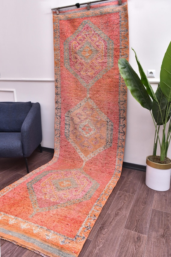 3x10 Vintage Handmade Peach Runner Rug, Soft Wool Rug, Hallway Kitchen Runner Rug, Peach Gray Color