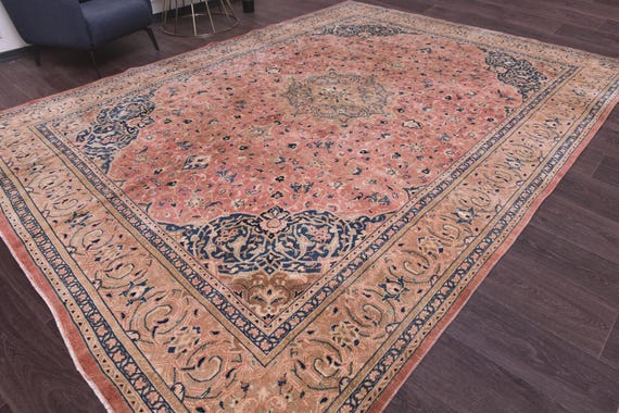 9x13 Antique Persian Salmon Area Rug, 9x13 Salmon Blue Brown Color, Oriental Rug, 9x13 Living Room Decor 9x13 Oversize Rug Handmade Wool Rug