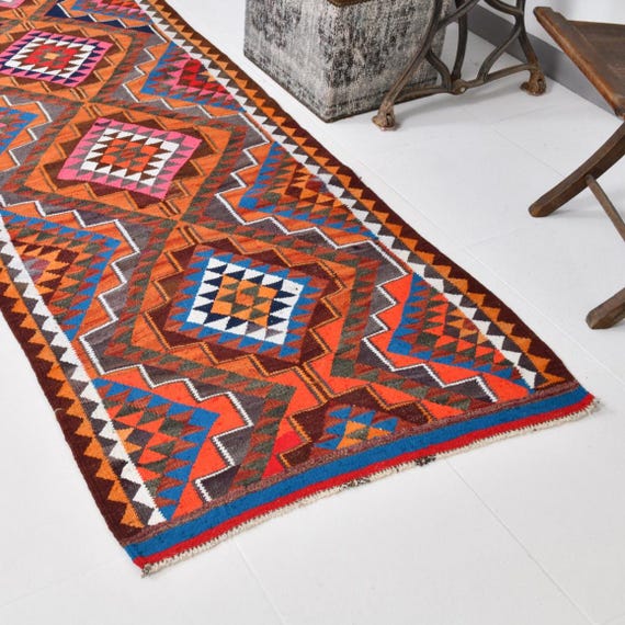 3x10 Vintage Kilim Runner Rug, 3x10  Kilim Runner Rug, Wool Hand Woven Rug, 3x10 Rug, Orange & Brown Kilim, Geometric Kilim, 60s