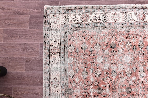 7x11 Vintage Peach Rug, 7x11 Peach Green Rug, 7x10 Floral Area Rug, 7x10 Living Room Rug, 7x10 Faded Distressed Rug Handmade Large Area Rug