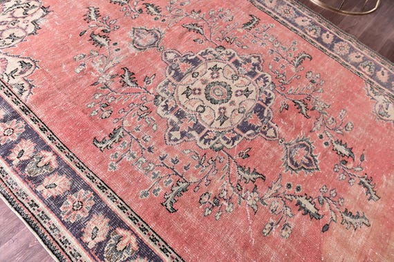 7x9 Vintage Coral Color Rug, 7x9 Farmhouse Rug, Coral Pink Blue Color, Handmade Wool Rug, 7x9 Persian Style Rug, 7x9 Area Rug, 7x9 Rug