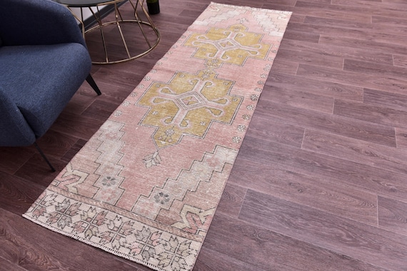 3x8 Vintage Faded Runner Rug, Salmon Mustard Color, 3x8 Handmade Geometric Runner, 3x8 Elegant Runner, 3x8 Hallway Rug, 3x8 Kithcen Rug,