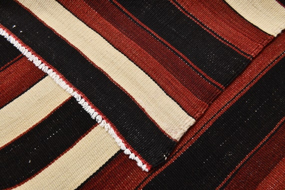 4x13 Burgundy Runner Rug Turkish Runner, 4x13 Runner Rugs, Red Beige Kilim, Handmade Oushak, Kilim Runner 4x13, Striped Kilim Rug,