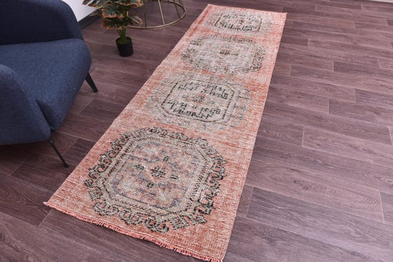 3x8 Vintage Faded Peach Runner Rug, Farmhouse Rug, 3x8 Turkish Runner, 3x8 Accent Rug, Hallway Rug, 3x8 Persian Style Runner Rug, 3x8 Rug