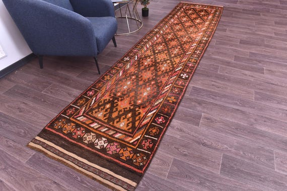 3x13 Vintage Long Burgundy Runner Rug, 3x13 Hallway Rug, Burgundy Brown Color, 3x13Handmade Runner Rug, Medallion Rug, 3x13 Kithcen Runner