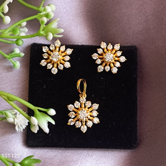 Sterling Silver Pendant Earring Set: Synthetic Diamond Floral Jewelry