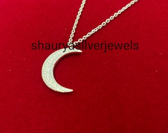 Sterling Silver Crescent Moon Pendant: Cubic Zircon Charm Necklace