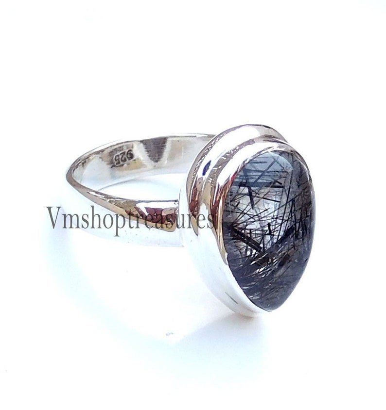 Solid Silver Ring Black Rutile Ring Mother/'s Day sale Pear drop Ring Tourmalated quartz Ring 925 Sterling Silver Ring Silver Ring