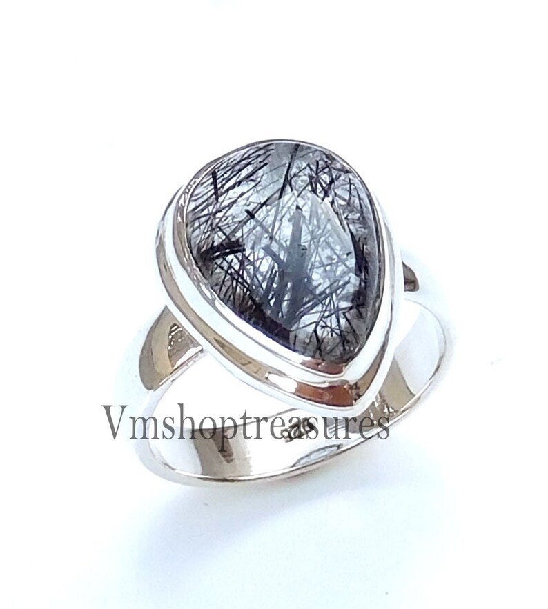 Solid Silver Ring Black Rutile Ring Mother/'s Day sale Pear drop Ring Tourmalated quartz Ring 925 Sterling Silver Ring Silver Ring