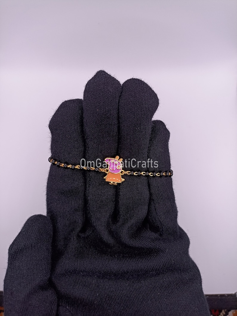 One Pair 925 Sterling Silver Peppa Pig Silver Nazariya Bracelet, Baby Bracelet, Black Beads