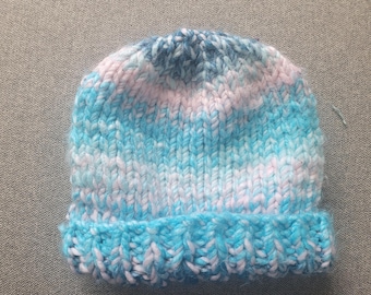 Hand-Knitted Chunky Beanie: Sky Blue & White Acrylic Winter Hat