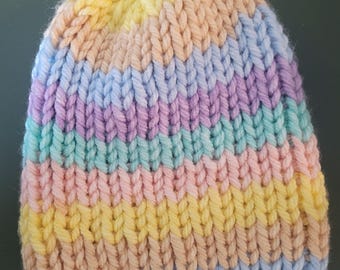 Handmade Pastel Rainbow Slouchy Knit Beanie