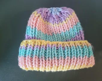 Handmade Pastel Rainbow Knit Beanie: Chunky Ribbed Winter Hat