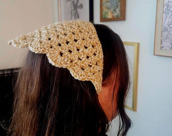 Handmade Crochet Headscarf –Gold & White Cotton Hair Kerchief, Vintage-Inspired Head Wrap