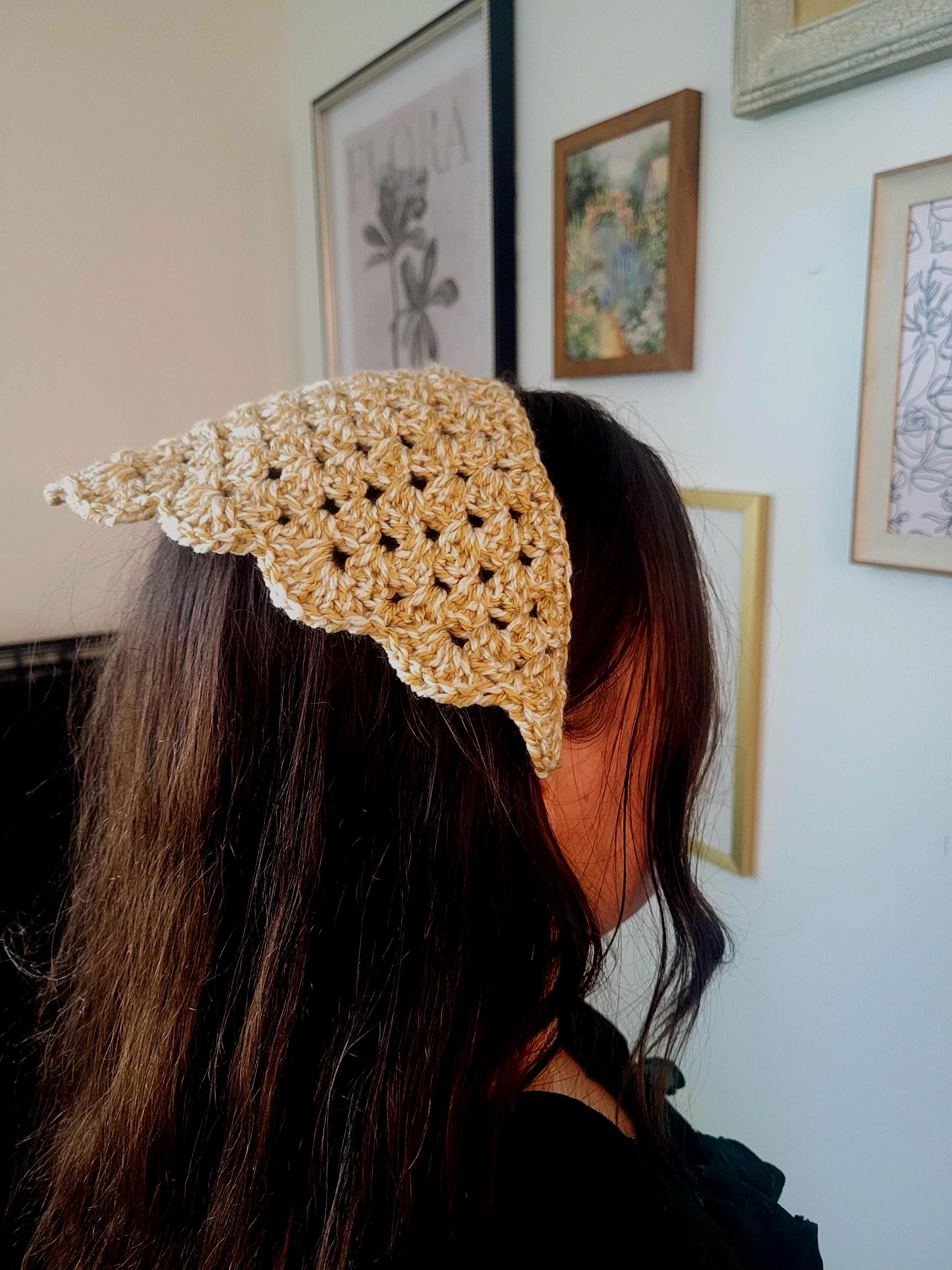 Handmade Crochet Headscarf -Gold & White Cotton Hair Kerchief,…