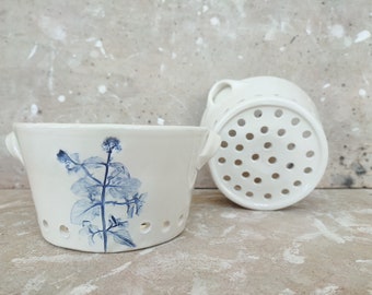 Ceramic Berry Bowl, Berry Basket, Colander, Strainer, Punnet, Perforated Bowl, Botanical Prints