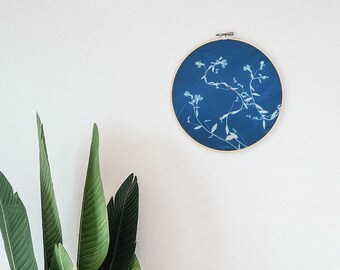Botanical Cyanotype on Fabric with Lobelia Flowers, Cyanotype on Embroidery Hoop, Wall Decor, Monoprint Wall Decor