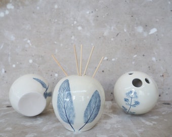 Ceramic Vase for Dried Flowers, Sphere Vase, Handmade Small Vase, Ball Diffuser Room Perfume, Blue Flowers