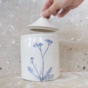 LARGE Ceramic Jar with Lid, Coffee container, Sugar bowl, Jar with lid, Botanical print, White and Blue