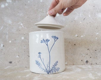 Barattolo GRANDE con coperchio, Contenitore in Ceramica, Barattolo Caffè, Zuccheriera, Vaso con coperchio, Stampa botanica, Bianco e Blu