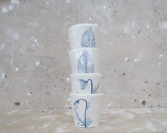 4 Ceramic Coffee Cups with Botanical Prints, Espresso Cup Set, Sake Cup, Handmade
