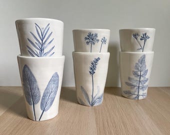 Copos de cerâmica com estampa de flores, porta-escovas e pastas de dente, porta-canetas, cerâmica botânica artesanal.