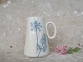 800ml Ceramic Jug with leaves and flowers pressed into clay, Jug for water and wine, Flower pot with handle, Botanical print, White and Blue