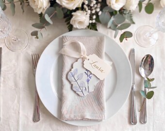 4 Handmade Ceramic Place Cards with Real Leaves and Flowers Imprinted in Clay, Hanging Decorations, Wedding Favors