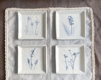 Pratos quadrados de cerâmica botânica feitos à mão, pratos para servir sobremesas e doces, bandeja quadrada decorativa, utensílios de mesa com flores em relevo