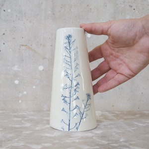 Ceramic Flower Vase with Botanical Prints, Handmade Ceramic Jug, Home Decor, Monoflower Vase, White and Blue