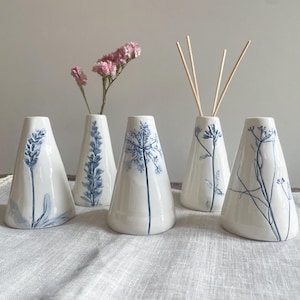 Ceramic Vase for Flowers, Dried Flower Vase, Cone Vase, Diffuser, Botanical Print, Home Decor, White and Blue