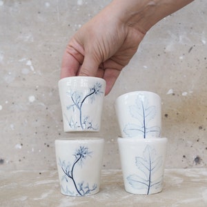 4 Ceramic Coffee Cups with Botanical Prints, Espresso Cup Set, Sake Cup, Handmade