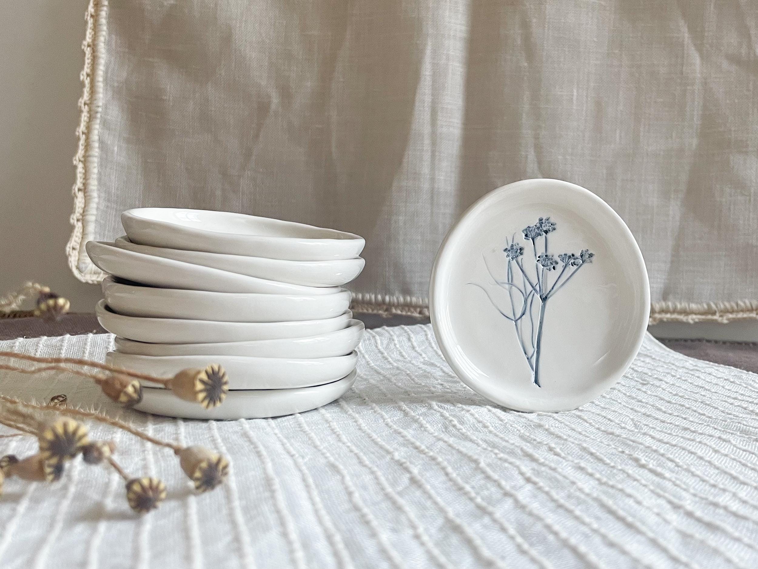 Mini Botanical Ceramic Plates Handmade with Real Leaves and Flowers Imprinted in Clay Painted in Blue - Wedding Favors