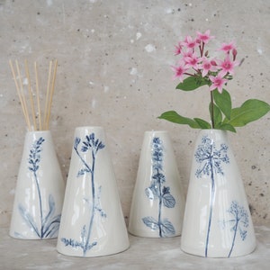 Ceramic Vase for Flowers, Dried Flower Vase, Cone Vase, Diffuser, Botanical Print, Home Decor, White and Blue