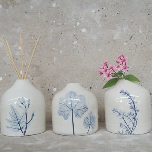 Handmade Ceramic Vase for Dried Flowers - White and Blue Room Perfume Diffuser - with Real Flowers pressed into Clay