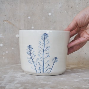 Ceramic Vase Holder with Real Leaves and Flowers, Cache Pot, Plant Pot, Planter, Home decor, Botanical Print, White and Blue
