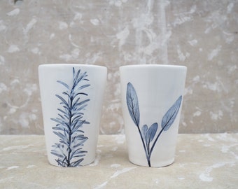 Ceramic Mugs with Sage and Rosemary Leaves, Set of 2 Ceramic Tumblers, Tea Cups, Botanical Prints, White and Blue, Handmade Ceramics
