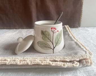 Sucrier en céramique avec couvercle, récipient à sucre, petit pot avec couvercle, décoration florale, véritables feuilles imprimées