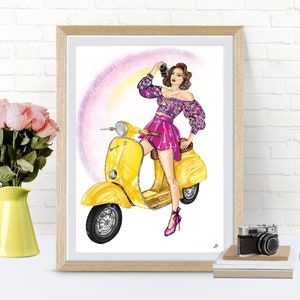 Vespa Girl Print, Yellow Vespa Poster, Printable Wall Art, Home Decor, Scooter Illustration, Girl Room Picture, Fashion Girl, Gift for Her