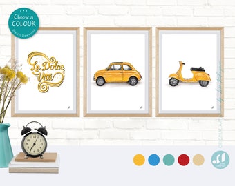 SET of 3 Prints, Fiat 500, Vespa, La dolce Vita