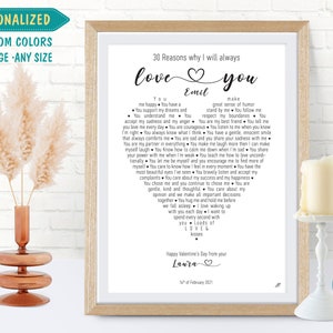 Personalised Reasons I Love You, Valentines Day Gift, Romantic Gifts, Heart Shape Gifts, 20, 30, 40, 50, 60, 70, 80, 90 Reasons Print