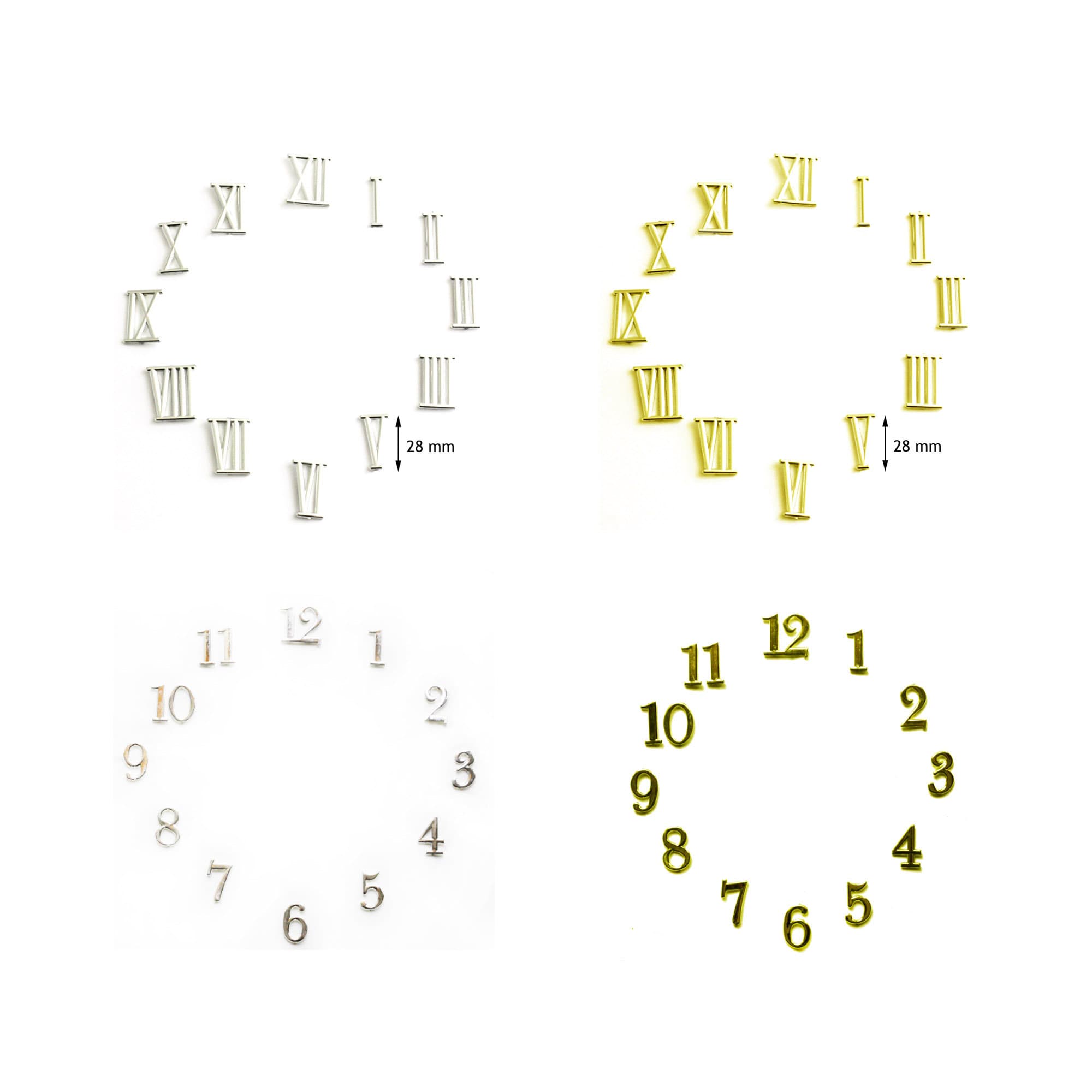 Lot de 12 Chiffres Pour Réalisation d'horloge Coloris Au Choix, Arabes, Romains, Or, Argent