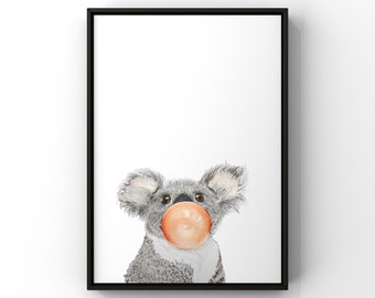 Koala nursery print - animal drawing, kids room prints, girls room decor, boys room playroom cute prints bubble gum animal