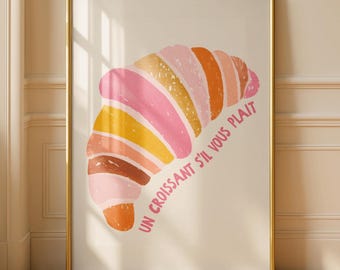 Croissant Kitchen Print - Cafe Breakfast Art - Neutral Kitchen Art - Pink Kitchen Decor - Pastel croissant Poster